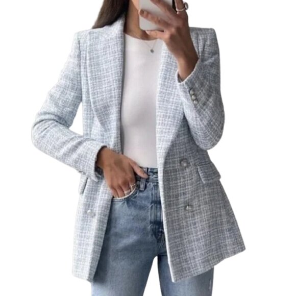 ZARA TWEED TEXTURED PLAID BLAZER DOUBLE BREASTED WHITE BLUE SIZE LARGE - Picture 1 of 5